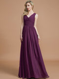 A-Line/Princess Sleeveless V-neck Floor-Length Chiffon Bridesmaid Dresses TPP0005347