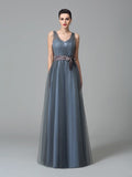 A-Line/Princess Straps Sash/Ribbon/Belt Sleeveless Long Net Bridesmaid Dresses TPP0005595