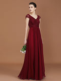 A-Line/Princess Lace Short Sleeves Chiffon Ruched V-neck Floor-Length Bridesmaid Dresses TPP0005649