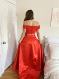 A-Line/Princess Satin Lace Off-the-Shoulder Sleeveless Sweep/Brush Train Two Piece Dresses TPP0004729