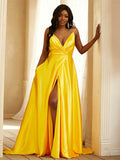 A-Line/Princess Silk like Satin Ruched V-neck Sleeveless Sweep/Brush Train Dresses TPP0001614