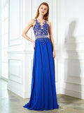 A-Line/Princess Sleeveless Sheer Neck Chiffon Applique Sweep/Brush Train Dresses TPP0003257