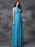 A-line/Princess Straps Ruched Sleeveless Long Chiffon Bridesmaid Dresses TPP0005379