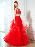 A-Line/Princess Spaghetti Straps Sleeveless Floor-Length Beading Tulle Two Piece Dresses TPP0003458