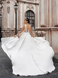 A-Line/Princess Satin Sleeveless Scoop Ruffles Sweep/Brush Train Wedding Dresses TPP0006672