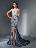 Trumpet/Mermaid V-neck Beading Sleeveless Long Lace Dresses TPP0002678