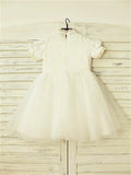 A-line/Princess High Neck Short Sleeves Lace Tea-Length Tulle Flower Girl Dresses TPP0007902