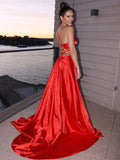 A-Line/Princess Elastic Woven Satin Ruffles V-neck Sleeveless Sweep/Brush Train Dresses TPP0001676