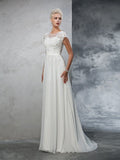 A-Line/Princess Sheer Neck Applique Short Sleeves Long Chiffon Wedding Dresses TPP0006193