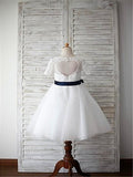 A-line/Princess Scoop 1/2 Sleeves Sash/Ribbon/Belt Tea-Length Tulle Flower Girl Dresses TPP0007629