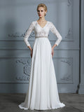 A-Line/Princess 3/4 Sleeves V-neck Lace Sweep/Brush Train Chiffon Wedding Dresses TPP0006390