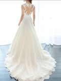 A-Line/Princess Sleeveless V-neck Court Train Applique Lace Wedding Dresses TPP0006590