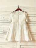 A-line/Princess Scoop Hand-made Flower 3/4 Sleeves Ankle-Length Lace Flower Girl Dresses TPP0007874