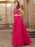 A-Line/Princess Halter Beading Sleeveless Tulle Floor-Length Two Piece Dresses TPP0003789