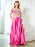 A-Line/Princess Off-the-Shoulder Beading Sleeveless Satin Floor-Length Two Piece Dresses TPP0003799