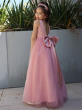 A-Line/Princess Tulle Bowknot V-neck Sleeveless Floor-Length Flower Girl Dresses TPP0007496