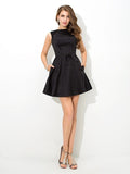 A-Line/Princess High Neck Sash/Ribbon/Belt Sleeveless Short Satin Cocktail Dresses TPP0008445