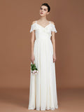 A-Line/Princess Short Sleeves Spaghetti Straps Ruched V-neck Floor-Length Chiffon Bridesmaid Dresses TPP0005580