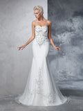 Trumpet/Mermaid Sweetheart Beading Sleeveless Long Satin Wedding Dresses TPP0006464