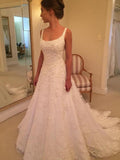 A-Line/Princess Sleeveless Straps Square Court Train Applique Lace Wedding Dresses TPP0006364