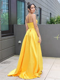 A-Line/Princess Satin Ruffles V-neck Sleeveless Sweep/Brush Train Dresses