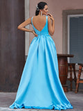 A-Line/Princess Satin Ruffles V-neck Sleeveless Asymmetrical Dresses TPP0001559