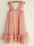 A-Line/Princess Straps Chiffon Hand-Made Flower Sleeveless Knee-Length Flower Girl Dresses TPP0007872