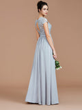 A-Line/Princess Jewel Short Sleeves Lace Floor-Length Chiffon Bridesmaid Dresses TPP0005264