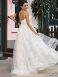 A-Line/Princess Lace Ruffles Spaghetti Straps Sleeveless Sweep/Brush Train Wedding Dresses TPP0006402