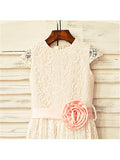 A-line/Princess Scoop Hand-made Flower Short Sleeves Tea-Length Lace Flower Girl Dresses TPP0007819