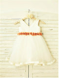 A-line/Princess V-neck Sleeveless Hand-made Flower Tea-Length Tulle Flower Girl Dresses TPP0007821