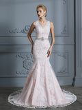 Trumpet/Mermaid V-neck Sleeveless Applique Tulle Court Train Wedding Dresses TPP0006470