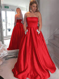 A-Line/Princess Strapless Sleeveless Sweep/Brush Train Beading Satin Dresses TPP0002465