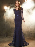 Trumpet/Mermaid V-neck Long Sleeves Applique Sweep/Brush Train Lace Dresses TPP0002339