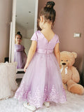 A-Line/Princess Tulle Lace Scoop Short Sleeves Ankle-Length Flower Girl Dresses TPP0007467