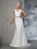 Trumpet/Mermaid V-neck Lace Sleeveless Long Lace Wedding Dresses TPP0006721