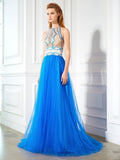 A-Line/Princess Jewel Beading Sleeveless Floor-Length Net Dresses TPP0004362