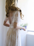 A-Line/Princess Lace Sash/Ribbon/Belt V-neck Short Sleeves Sweep/Brush Train Wedding Dresses TPP0005917