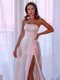 A-Line/Princess Satin Ruffles Strapless Sleeveless Sweep/Brush Train Wedding Dresses TPP0006459