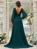 A-Line/Princess Chiffon Ruffles V-neck Long Sleeves Sweep/Brush Train Bridesmaid Dresses TPP0004894