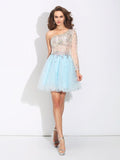 A-Line/Princess One-Shoulder Beading Long Sleeves Short Elastic Woven Satin Dresses TPP0008613