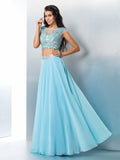 A-Line/Princess Sheer Neck Applique Short Sleeves Long Chiffon Two Piece Dresses TPP0002721