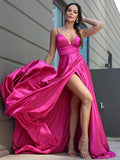 A-Line/Princess Silk like Satin Ruffles V-neck Sleeveless Sweep/Brush Train Dresses TPP0001663