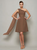 A-Line/Princess One-Shoulder Sleeveless Pleats Short Chiffon Bridesmaid Dresses TPP0005095