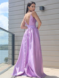 A-Line/Princess Satin Ruched V-neck Sleeveless Sweep/Brush Train Dresses TPP0001754