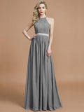 A-Line/Princess Halter Sleeveless Ruched Floor-Length Chiffon Bridesmaid Dresses TPP0005700