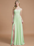 A-Line/Princess Spaghetti Straps Sleeveless Ruched Floor-Length Chiffon Bridesmaid Dresses TPP0005244