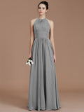 A-Line/Princess Halter Sleeveless Ruched Floor-Length Chiffon Bridesmaid Dresses TPP0005263