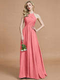 A-Line/Princess Halter Sleeveless Ruched Floor-Length Chiffon Bridesmaid Dresses TPP0005208