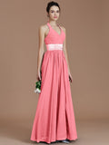 A-Line/Princess Halter Sleeveless Sash/Ribbon/Belt Floor-Length Chiffon Bridesmaid Dresses TPP0005410